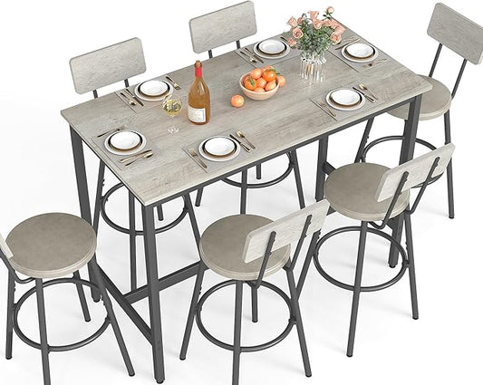 Rovibek Dining Table Set for 6, Bar Table and Chairs Set, Modern 6 Piece High Top Table and Chairs, Industrial Bar Height Pub Tables for Kitchen, Dining Room, Grey