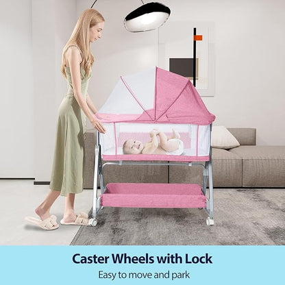 Baby Bassinet Bedside Sleeper, 3 in 1 Rocking Bassinet for Baby, Arms Reach Co Sleeper Bassinet with Wheels, Adjustable Height, Storage, Mattress & Canopy (Pink)