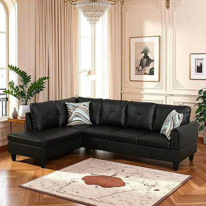 L Shaped Couch Sectional Couches with Chaise, 3 Pieces Modular Convertible Sofa for Living Room Furniture Sets and Small Apartment Faux Leather, Black
