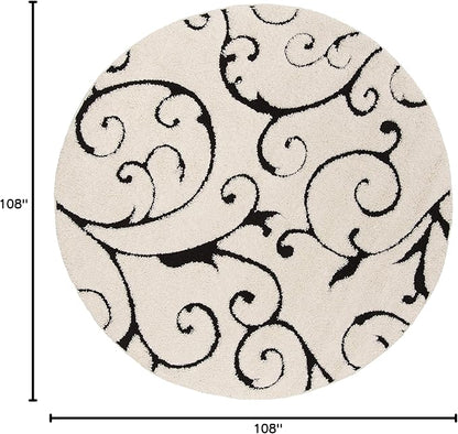 SAFAVIEH Florida Shag Collection Area Rug - 9' Round, Ivory & Black, Scroll Design, Non-Shedding & Easy Care, 1.2-inch Thick Ideal for High Traffic Areas in Living Room, Bedroom (SG455-1290)