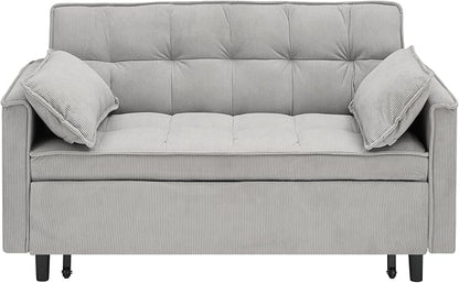 Ball & Cast Convertible Sofa Bed,Pull Out Loveseat Sleeper Sofa,Convertible Pull Out Couch W/2 Pillows,Adjustable Backrest & Side Pocket,Corduroy Futon Couches for Living Room,Apartment,Light Gray,54"