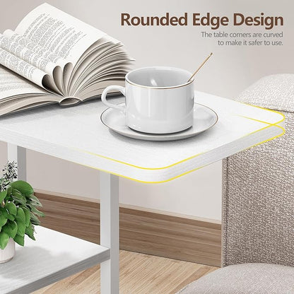 C Shaped End Table, Small Side Table for Couch, Recliner, Slide Under Sofa Tray Desk Snack Tables with Storage Bag for Living Room,Bedroom, Small Spaces - White