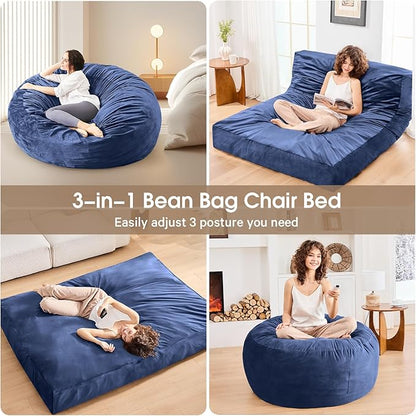 Bean Bag Chairs for Adults - Giant Bean Bag Chair Convertible Bean Bag Bed - Beanbag Chair with Micro Fiber Cover/Furniture Foam Filler - Floor Couch Sofa in Bedroom Dorm Room - Queen Navy Blue