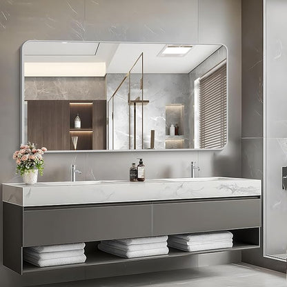 55x30 Inch Silver Bathroom Mirror, Large Rectangular Vanity Mirror, Metal Framed Rectangle Mirrors, Rounded Corner Wall Mounted Mirrors for Living Room Bedroom Entryway Horizontal or Vertical