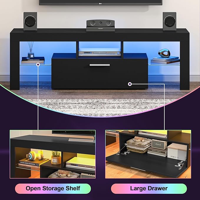 Clikuutory Modern Lighting 51 inch TV Stand with Large Storage Drawer for 32 40 50 55 Inch TVs, TV Console with 20 Color LED Lights, Entertainment Center Media and Open Shelf for Bedroom, Black