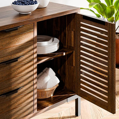 Bme Millie Premium Solid Wood Sideboard Storage Cabinet with Storage, Pre-Assembled with 3 Drawers & 2 Doors, Adjustable Shelves