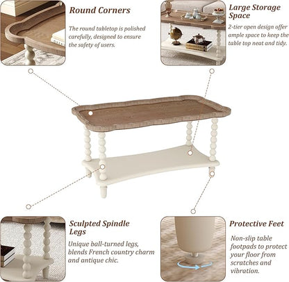 Function Home Farmhouse Coffee Table, Rustic White French Country Center Table with Storage Shelf, Wood Coffee Tables for Living Room Dining Room, Natural Tray Top and Vintage White Spindle Legs