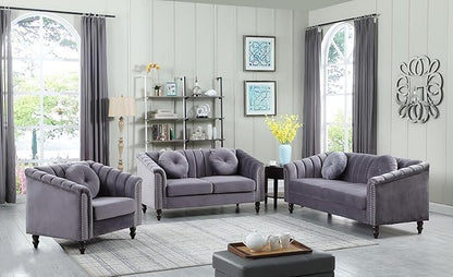Sectional Sofa Set, Microfiber Chesterfield Upholstered Sofas Loveseat Couch Chair Sets with Style Button Tufted, Scroll Arms and Nailhead for Living Room, Office, Apartment, Grey,3PCS