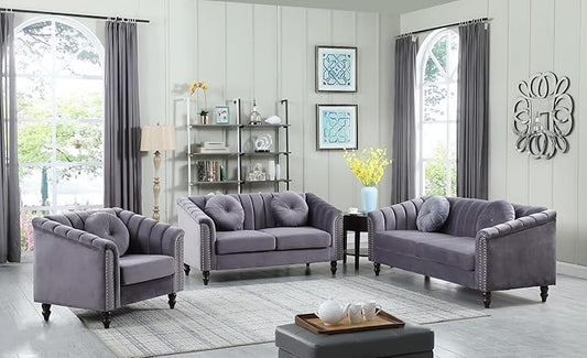 Sectional Sofa Set, Microfiber Chesterfield Upholstered Sofas Loveseat Couch Chair Sets with Style Button Tufted, Scroll Arms and Nailhead for Living Room, Office, Apartment, Grey,3PCS