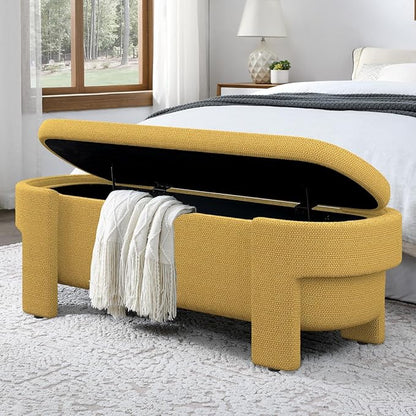 KEIKI 51" Linen Ottoman Bench with Large Storage Space, Upholstered Seating Foot Rest Stool Furniture for Bedroom, Living Room, Entryway, Yellow
