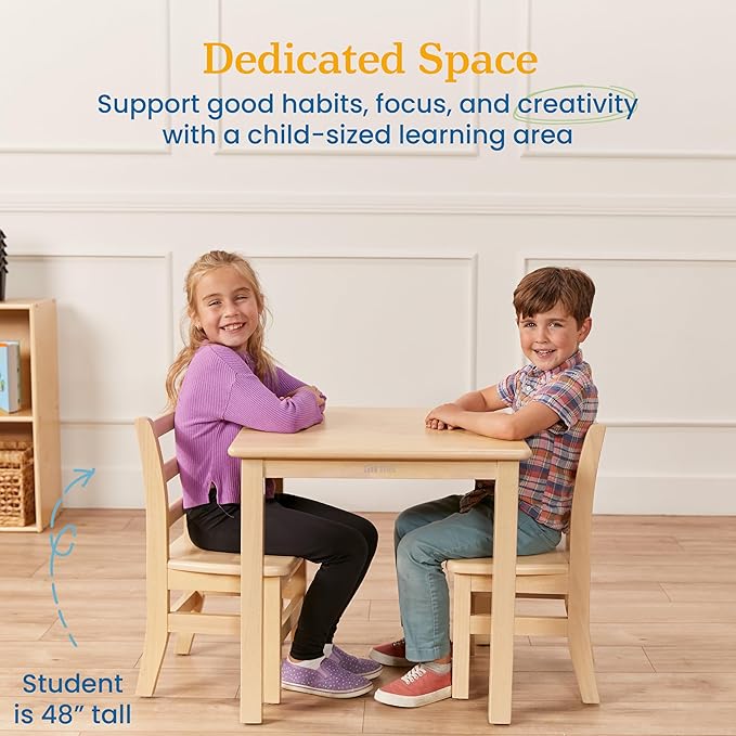 ECR4Kids 24in x 24in Hardwood Table and Chair Set2in Seat Height, Kids Furniture, Antique White