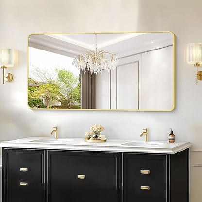 55x30 Inch Gold Bathroom Mirror, Metal Framed Gold Rectangle Mirrors, Rounded Rectangular Vanity Mirror, Large Wall Mounted Mirrors for Living Room Bedroom Entryway Hangs Horizontal or Vertical
