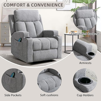Phoenix Home Manual Recliner Chair with Massage and Heat Ergonomic Overstuffed Breathable Fabric Reclining Chair with 2 Side Pockets, 2 Cup Holders, Remote Control, Living Room, Bedroom, Gray