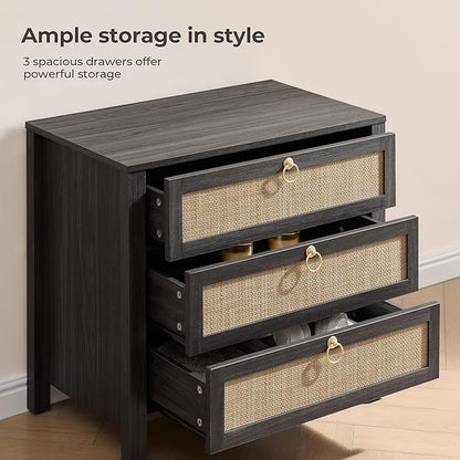 SICOTAS Nightstand Set 2 with Drawers - Large Rattan Bedside Table with Golden Handle, 3 Drawers Night Stand 26.78" Wide Side Table Boho Nightstand for Bedroom