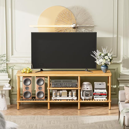 Amazer Bamboo TV Stand for 60 65 Inch TV, Entertainment Center with 3 Tier Open Storage Shelf, Wood TV Table for Living Room, Bedroom