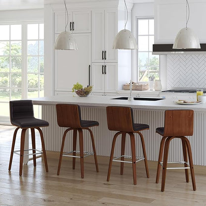 Armen Living Vienna 26" Swivel Counter Stool in Walnut Wood Finish with Brown Faux Leather - Set of 3