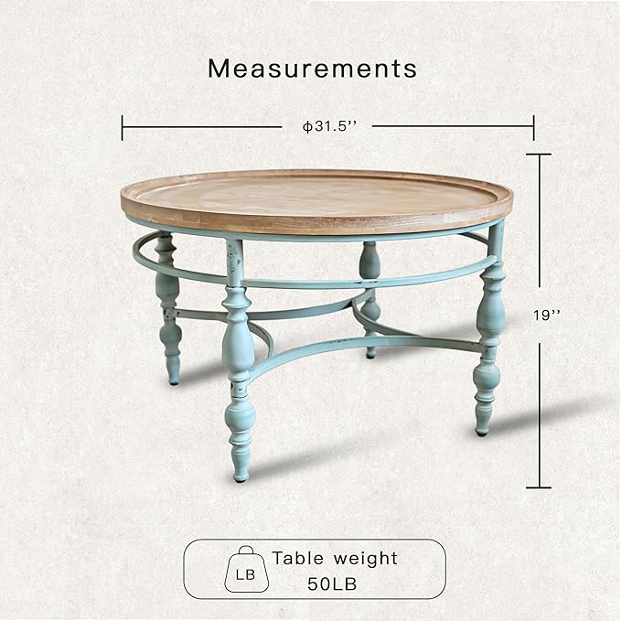 Rustic Farmhouse Round Coffee Table, French Country Vintage Center Table,φ31.5'' x18.9''H Rustic Solid Wood with Vintage Iron Legs, for Living Room, Bedroom,Dinning Room,Nature White