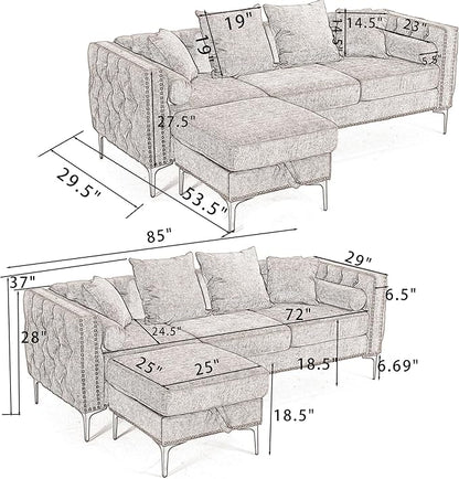 Ball & Cast 85" L Shaped Sectional Sofa with Storage Ottoman, Morden 3 Seater Tufted Couch with Nailhead Trim and Metal Legs for Living Room, Apartment, Office, Dark Gray
