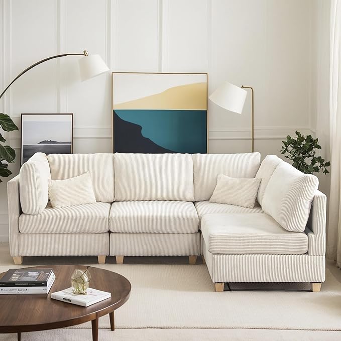 126" Convertible L-Shaped Modular Sectional Sofa, 4 Seater Corduroy Upholstered Corner Sofa Couch with Extra Wide Deep Seat, DIY Combination Lounger Sofa with Solid Wood Legs for Living Room Office