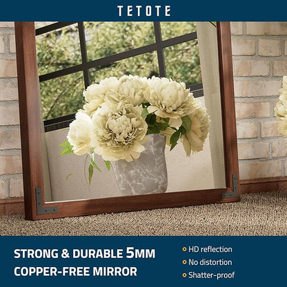 TETOTE 40 x 30 Walnut Wood Mirror for Bathroom Wall/Bedroom/Living Room/Entryway Farmhouse Rustic Bathroom Vanity Mirror Waterproof (Horizontal/Vertical Mounted)