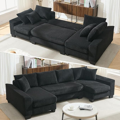 Symmetrical U Shaped Sectional Sofa Convertible Pull Out Sleeper Sofabed with Double Chaise Daybed , Corduroy Upholstered U Shaped Lounge Sofa Couch Bed w/ Throw Pillows for Living Room Apartment