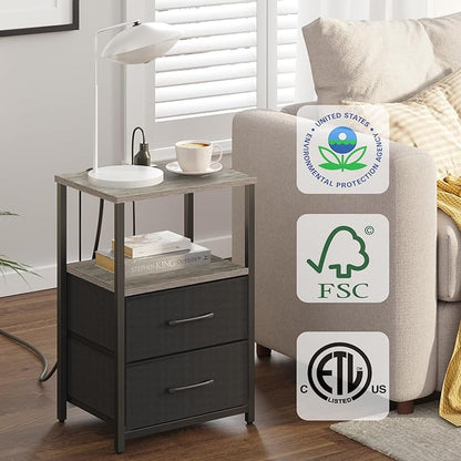 TUTOTAK End Table with Charging Station, Side Table with 2 USB Ports and Outlets, Nightstand with Cloth Drawer, Set of 2, Couch Table, Greige TB01BG052
