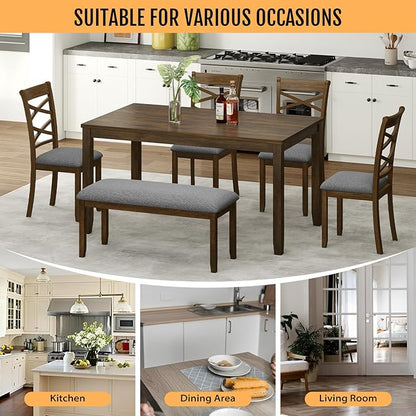 6-Piece Solid Wood Dining Table Set, Includes 1 Dining Table, 4 Upholstered Chairs and 1 Bench, Wooden Legs Dining Table Set for Dining Room, Kitchen, Restaurant, Walnut