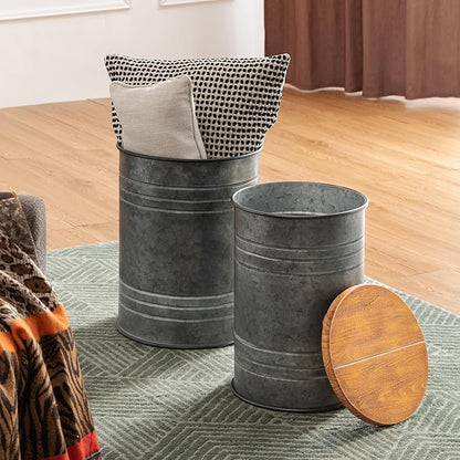 Glitzhome Farmhouse Accent Side Table, Metal Storage Stool Ottoman with Round Lid - Galvanized Coffee Cocktail End Tables Set of 2 for Living Room Bedroom, Grey