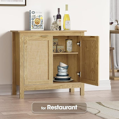 Giluta Sideboard Buffet Cabinet, Farmhouse Kitchen Cabinets with 2 Rattan Doors, 30''H Boho Cabinet for Entryway
