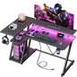 40 Inch Gaming Desk with Power Outlet & LED Lights, L Shaped Computer Gaming Table with 3 Tiers Storage Shelves, Corner Gamer Desk with Monitor Stand for Small Space, Carbon Fiber Black