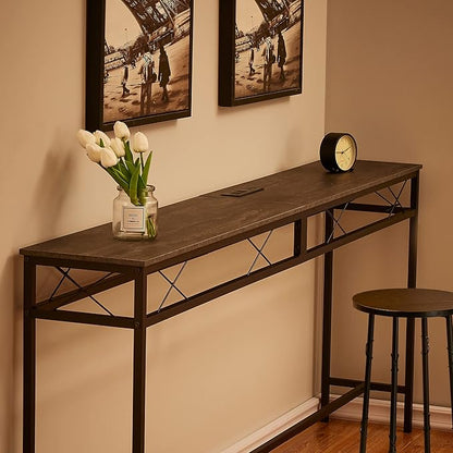 VECELO 55In Extra Long Narrow Sofa/Console Table with Charging Station & Power Outlet and USB Ports, for Entryway, Living Room, Office, Industrial, Grey