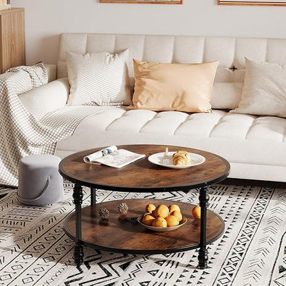 Round Coffee Table, Living Room Center Table with Storage Shelf, Rustic Wood Circle Coffee Table with Sturdy Metal Legs, 2-Tier Vintage Furniture for Living Room, Easy Assembly Accent Cocktail Table