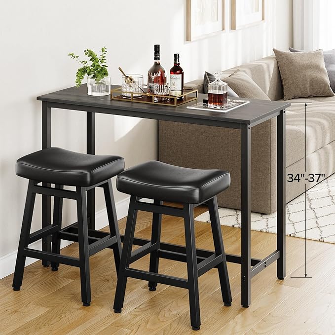 Counter Height Bar Stools Set of 3, 24 Inch Barstools for Kitchen Counter, Kitchen Stools with Bonded Leather Saddle Seats & Heavy Duty Metal Legs, Easy Assembly, Brown/Black