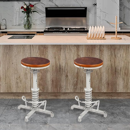 American Antique Steampunk Bar Stool 24.41"-28.35" Vintage Industrial Adjustable Swivel Backless Counter Stool for Home, Dining, Breakfast, Pub, (Heavy Duty Metal & Wood, Aged White, Brown Top)
