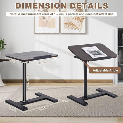 Solid Wood C-Shaped Side Table,360° Rotating TV Tray Table,Height-Adjustable,Sliding Sofa Table,Rolling Laptop Desk for Living Room and Bedroom Use with Sofa,Bed,Chair-Walnut