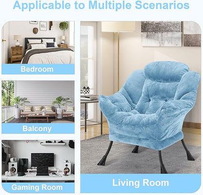 Fabric Lazy Chair for Adults, Oversized Upholstered Sofa Chair, Plush Comfy Lounge Chair with Large Side Storage Pocket, Thick Padded Reading Chair for Living Room, Bedroom, Study Room, Blue