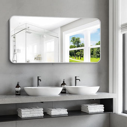 48x24 Inch Silver Bathroom Mirror, Metal Framed Silver Rectangle Mirror, Rounded Rectangular Vanity Mirror, Wall Mounted Mirrors for Living Room Bedroom Entryway Hangs Horizontal or Vertical