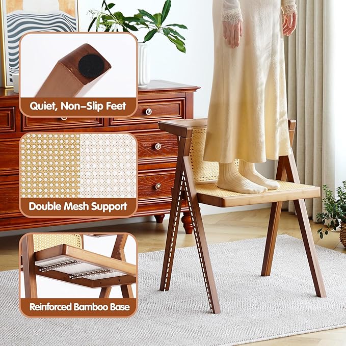 Rattan Dining Chair, Mid-Century Accent Armchair, Wicker Chair, Outdoor Bamboo Chair for Dining Room, Living Room, Bedroom, Kitchen, Walnut