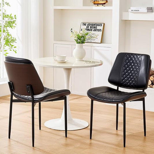 Dining Chairs Set of 2, Upholstered PU Leather Armless Chair, Mid Century Modern Dining Room Chairs, Retro Walnut Bentwood Kitchen Chair with Metal Legs and Adjustable Feet, Black