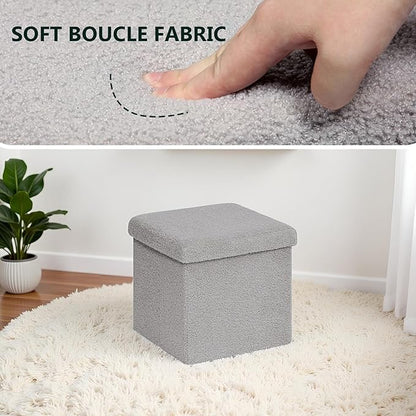 Folding Storage Ottoman Cube - Small Footrest with Sherpa Top, Multi-Functional Storage for Bedroom, Living Room-Grey