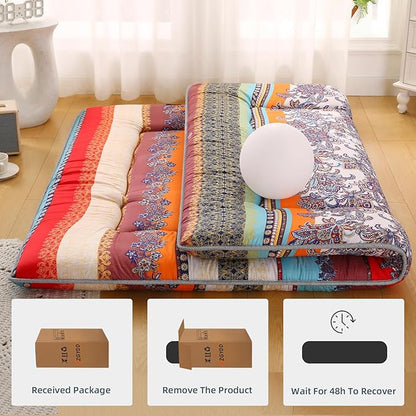 Bohemian Retro Japanese Floor Mattress, Vintage Floral Tatami Floor Mat, Portable Roll up Futon Mattress for Guest,Tavel (B,Twin 80" x 36")