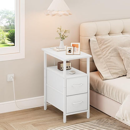 Vagusicc End Table with Charging Station Set of 2, Narrow Side Table, 23.8'' Tall Nightstand with 2 Drawers, Small Sofa Side Table Narrow Nightstand for Small Spaces, Living Room, Bedroom, White
