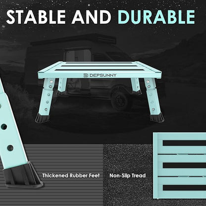 Adjustable Height Aluminum RV Step, Stable Foldable Platform Step Stool, Supports Up to 1,000 lb, Non-Slip Rubber Feet and Platform Mat, Easy to Carry (Green)