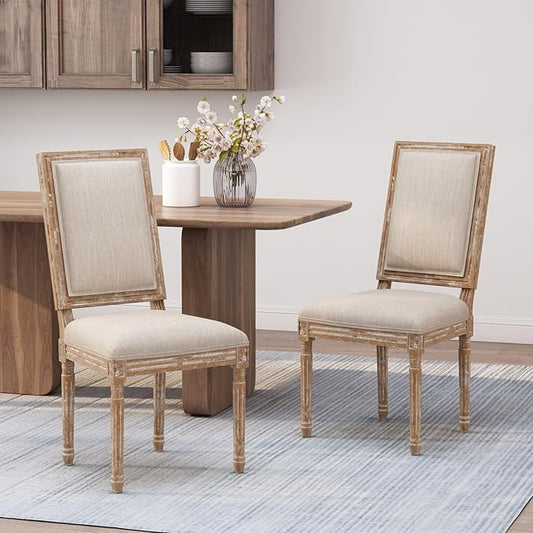 Merax Upholstered Solid Wood Dining Chairs Set of 2, French Country Style Accent Side Seating Furniture for Kitchen, Living Room, Cushioned Back, Beige