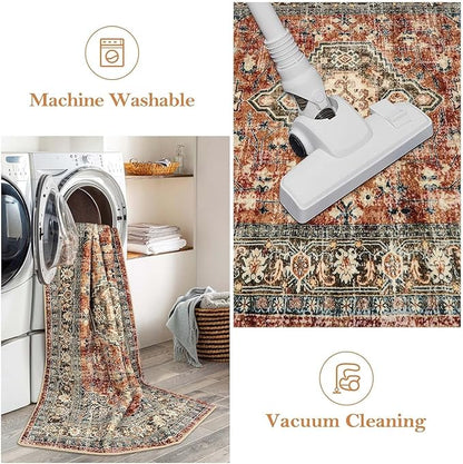 Lahome Oriental Hallway Runner Rug Non Slip, 2.5x8 Kitchen Washable Runner Soft Hallway Rug, Traditional Ultra-Thin Carpet for Bathroom Entryway ‎Laundry Room, Brick Red