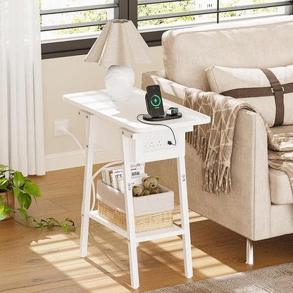 End Table with Charging Station, Flip Top Side Table with USB Ports and Outlets, Bedside Tables for Small Spaces,Nightstand with Storage Shelf for Living Room, Bedroom, White
