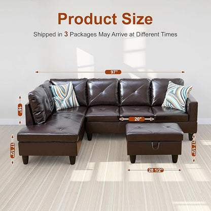 Osparple L Shaped Couch Faux Leather Sectional Couches for Living Room Upholstered 3 Pieces Modular Sectional Sofa with Chaise, Ottoman with Storage for Living Room and Small Apartment, Brown