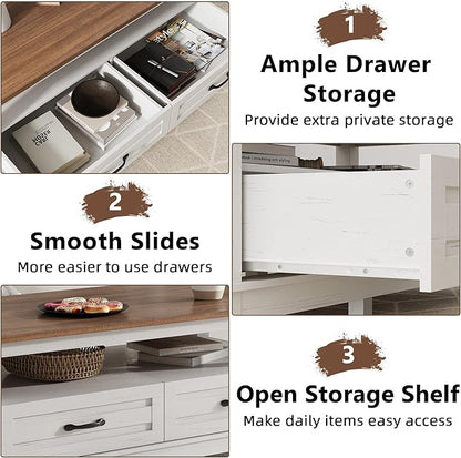 GarveeHome Farmhouse Coffee Table with Drawers, 47.2" Center Table Rustic Coffee Tables White Brown Living Room Table, with Open Shelf and 6 Support Legs