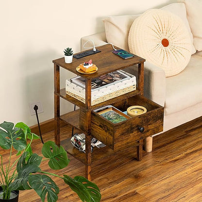 Lerliuo Nightstand Set of 2 with Charging Station and USB Ports, 3-Tier Storage End Table with Drawer Shelf, Night Stand for Small Spaces, Wood Bedside Table for Living Room, Bedroom-Brown