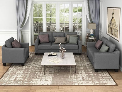 FANYE 3 Pieces Living Room Furniture Sets Include Sofa, Loveseat and Armchair, Linen Fabric Upholstered Sectional Couch with Classical Rivets Decor and Tufted Back Cushions, Retro Gray Sofa & Couch